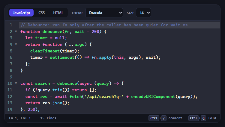 CodeMirror Code Editor with Line Numbers, Folding and Themes