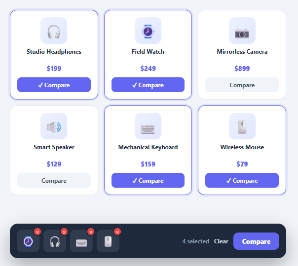 Screenshot of the Product Compare Bar snippet rendered live