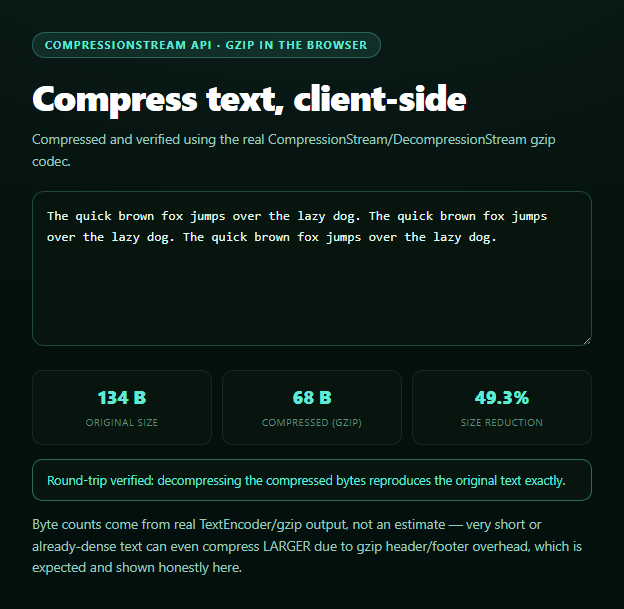 Screenshot of the CompressionStream API Demo snippet rendered live