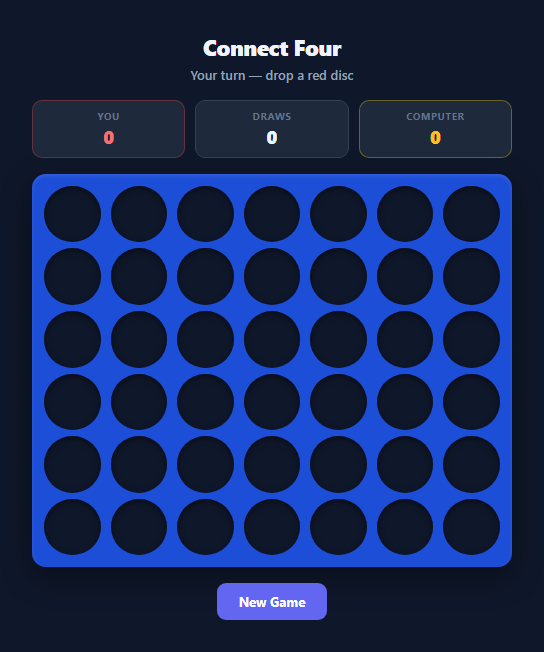 Screenshot of the Connect Four vs Computer snippet rendered live