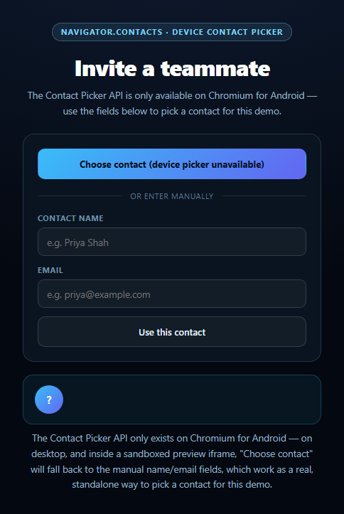 Screenshot of the Contact Picker Button snippet rendered live