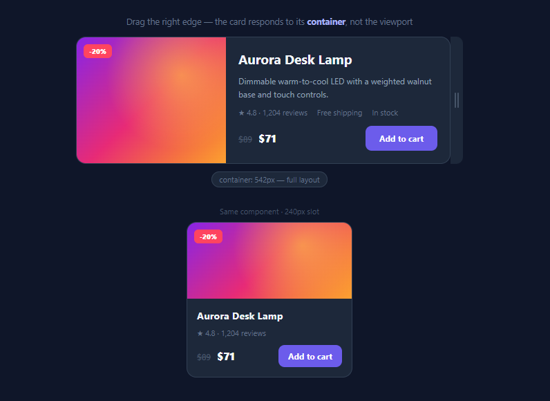 Screenshot of the Container Query Card snippet rendered live