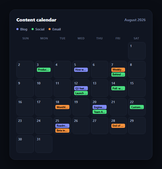 Screenshot of the Content Calendar Grid snippet rendered live