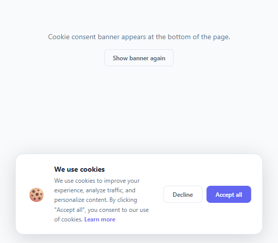 Screenshot of the Cookie Consent Banner snippet rendered live