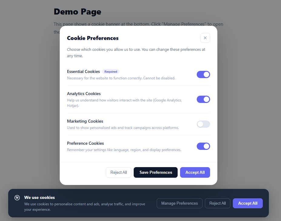 Screenshot of the Cookie Preferences snippet rendered live
