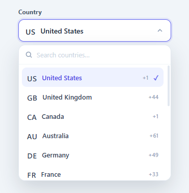 Screenshot of the Country Selector snippet rendered live