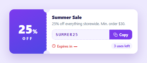 Screenshot of the Coupon Card snippet rendered live