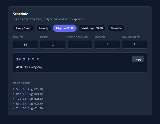 Screenshot of the Cron Expression Builder snippet rendered live