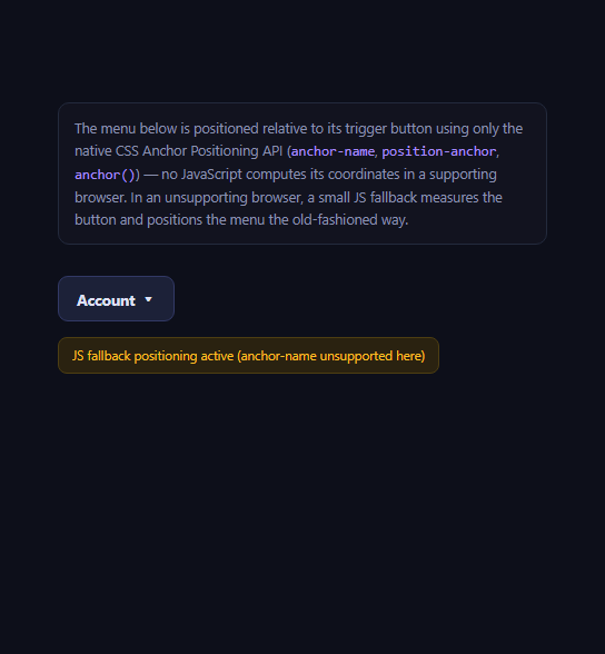 Screenshot of the CSS Anchor-Positioned Tooltip Menu snippet rendered live
