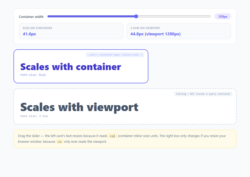 Screenshot of the Container Query Units (cqw/cqh) Demo snippet rendered live