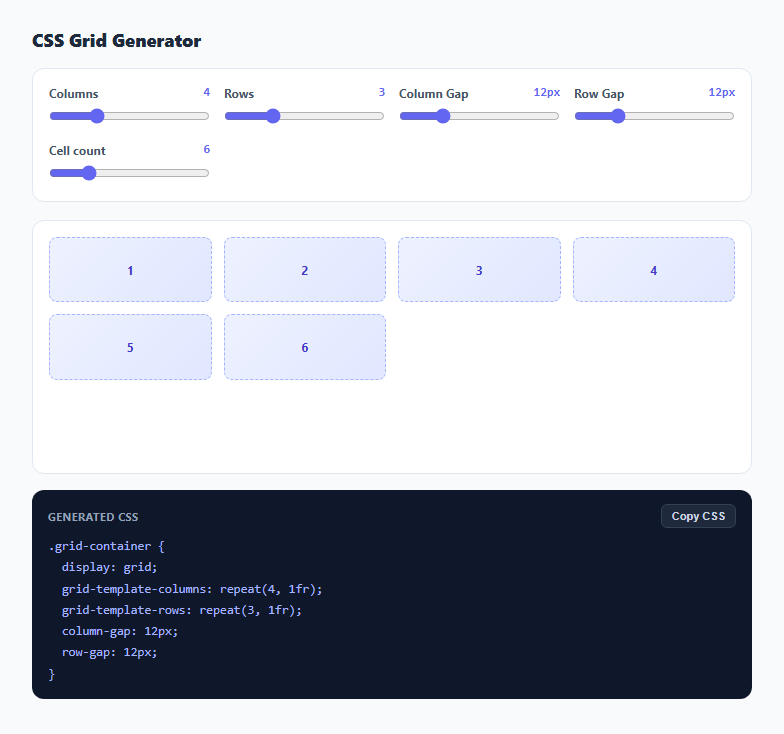 Screenshot of the CSS Grid Generator snippet rendered live