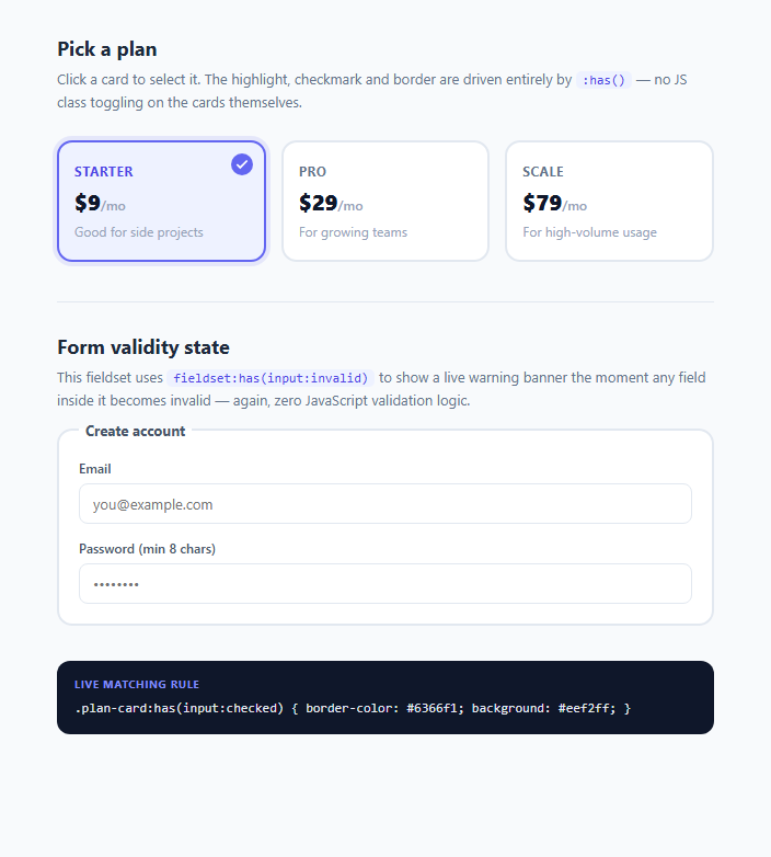 Screenshot of the CSS :has() Selector Playground snippet rendered live
