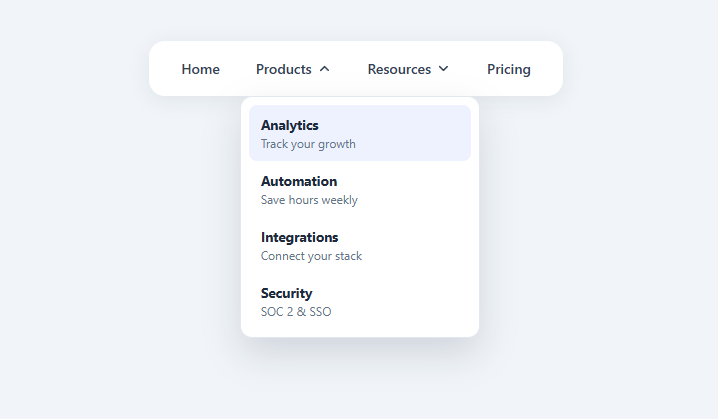 Screenshot of the CSS Hover Dropdown Menu snippet rendered live