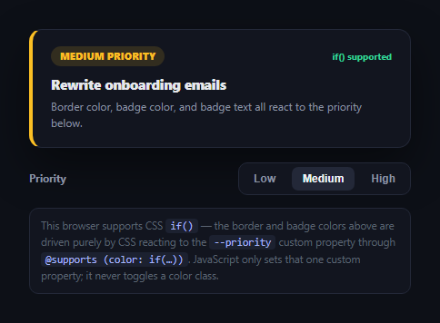 Screenshot of the CSS if() Conditional Demo snippet rendered live