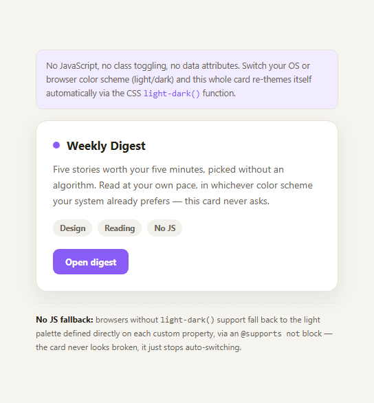 Screenshot of the CSS light-dark() Theme Demo snippet rendered live