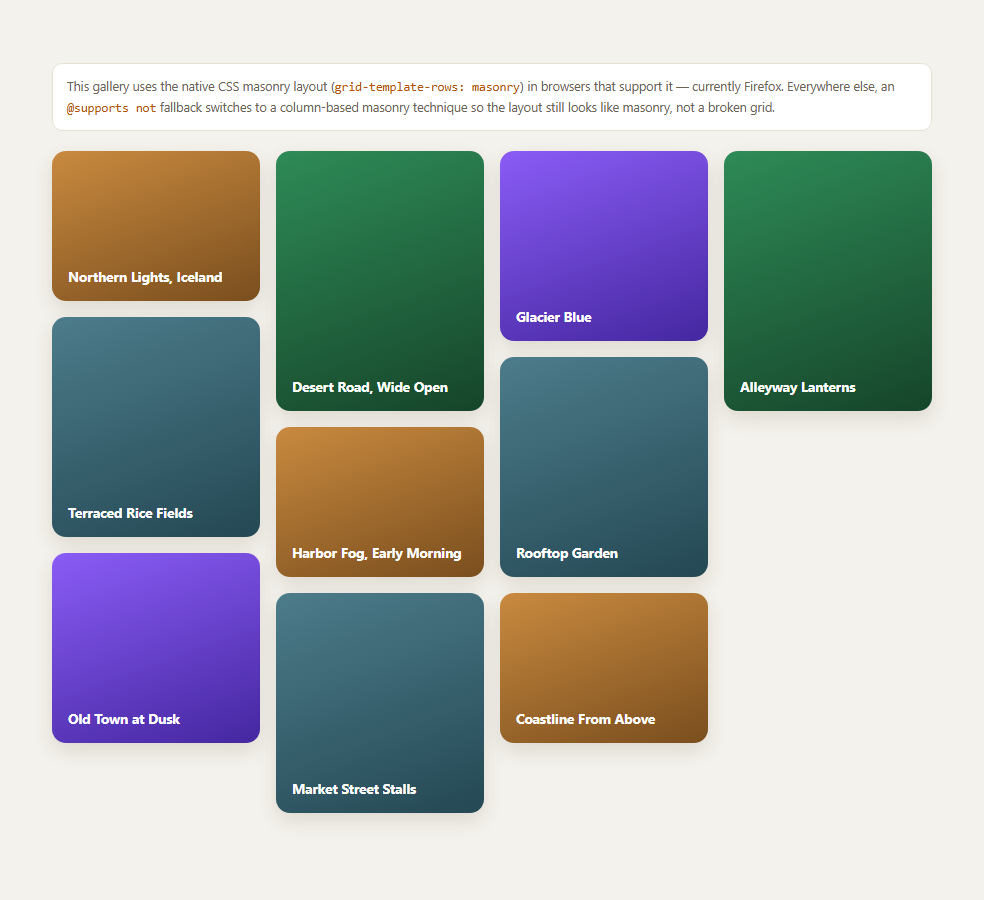 Screenshot of the Native CSS Masonry Gallery snippet rendered live