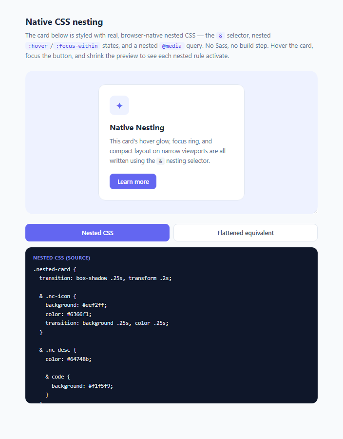 Screenshot of the Native CSS Nesting Playground snippet rendered live
