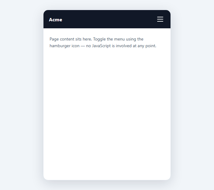Screenshot of the Hamburger Menu — CSS Only Checkbox Hack (No JavaScript) snippet rendered live
