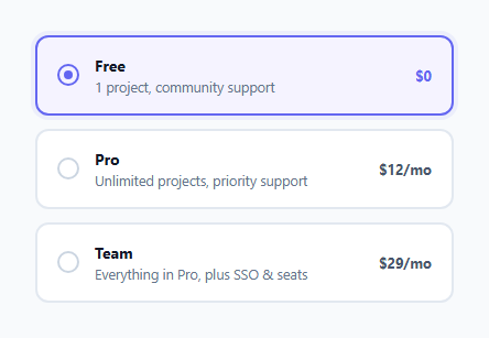 Screenshot of the Styled Radio Buttons — CSS Only Plan Selector (No JavaScript) snippet rendered live