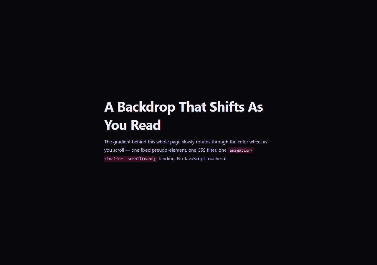 Screenshot of the Hue-Rotating Scroll Background snippet rendered live