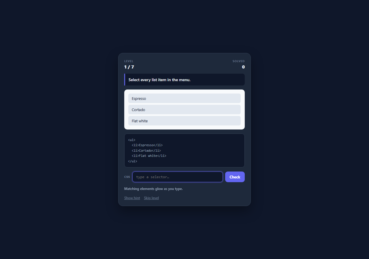 Screenshot of the CSS Selector Challenge Game snippet rendered live