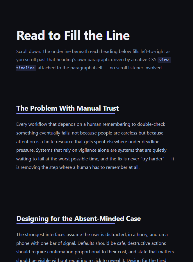 Screenshot of the Heading Underline Fill (view-timeline) snippet rendered live
