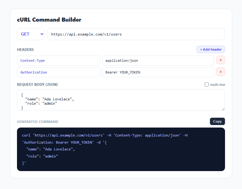Screenshot of the cURL Command Builder snippet rendered live