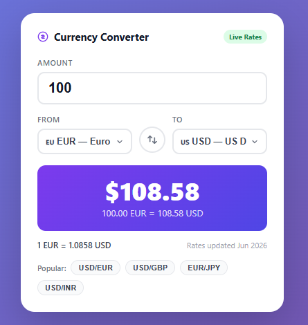 Screenshot of the Currency Converter Widget snippet rendered live