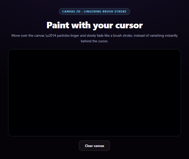 Screenshot of the Cursor Particle Brush Trail snippet rendered live