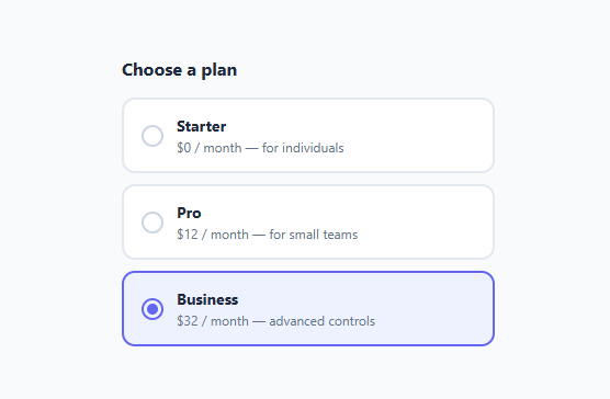 Screenshot of the Custom Radio Buttons snippet rendered live