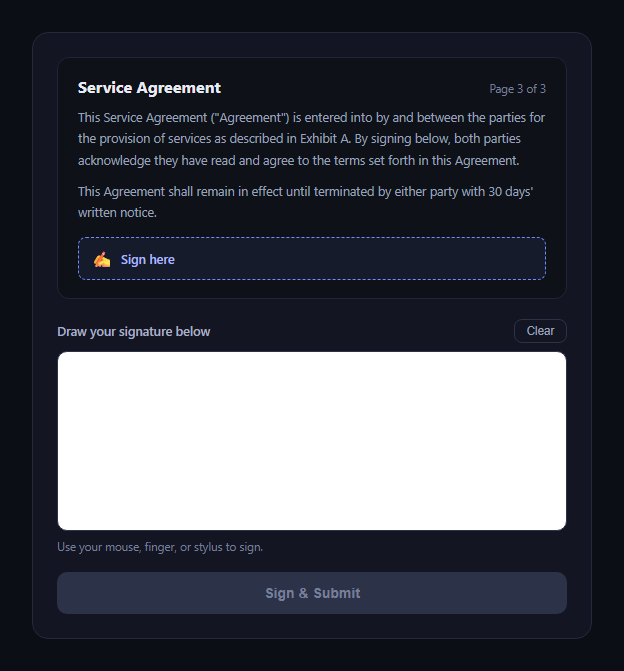 Screenshot of the Document E-Signature Flow snippet rendered live