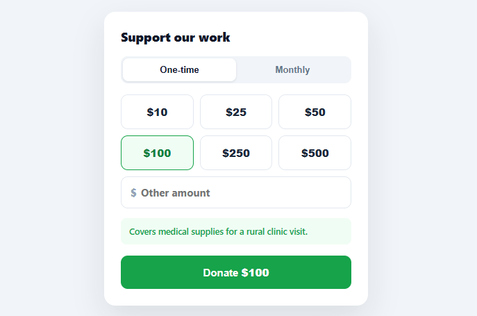 Screenshot of the Donation Amount Picker snippet rendered live