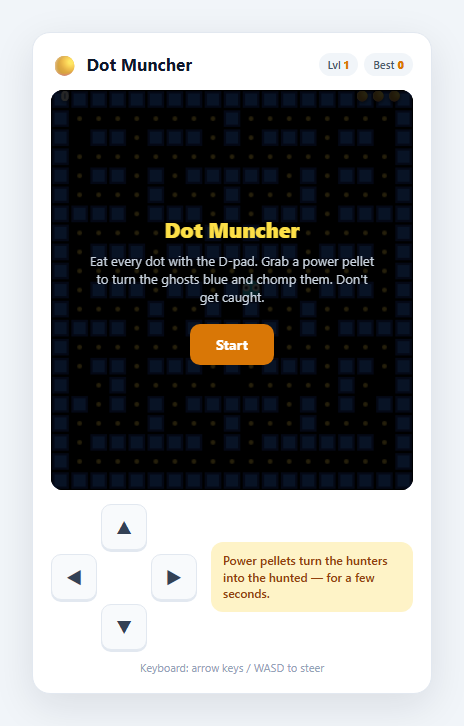 Screenshot of the Dot Muncher Maze Game snippet rendered live