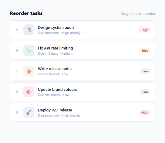 Screenshot of the Drag to Sort List snippet rendered live