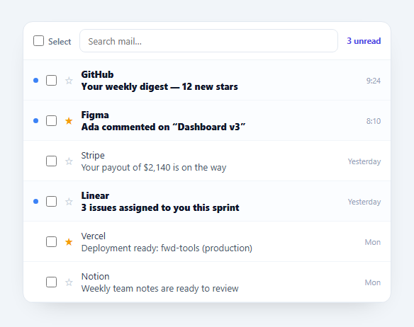Screenshot of the Email Inbox snippet rendered live