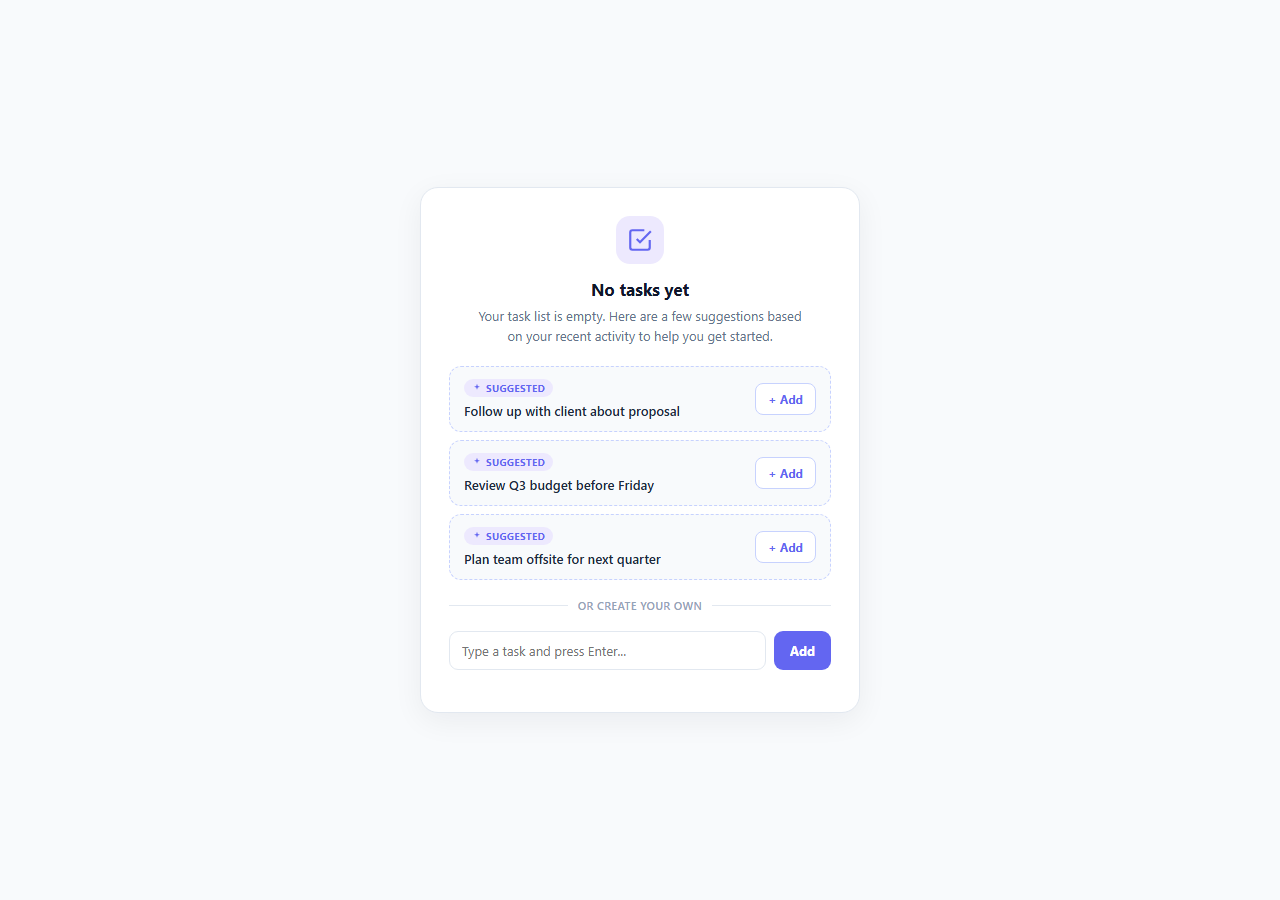 Screenshot of the Empty State with AI Suggestions snippet rendered live