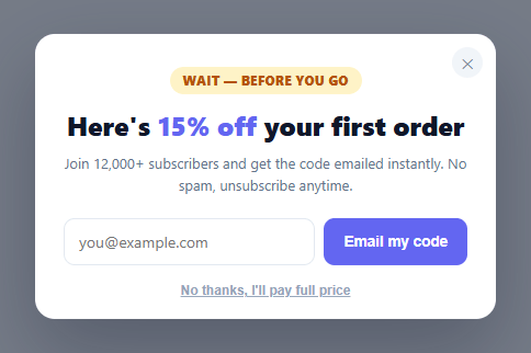 Screenshot of the Exit Intent Popup snippet rendered live