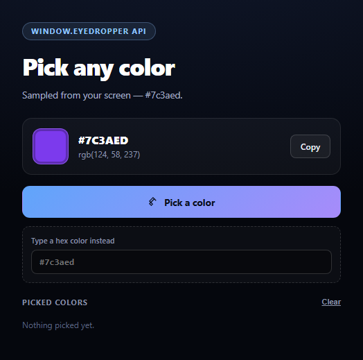 Screenshot of the EyeDropper Color Picker snippet rendered live