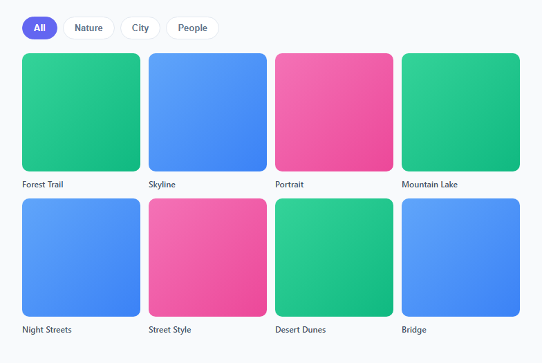 Screenshot of the Filter Tabs Gallery snippet rendered live