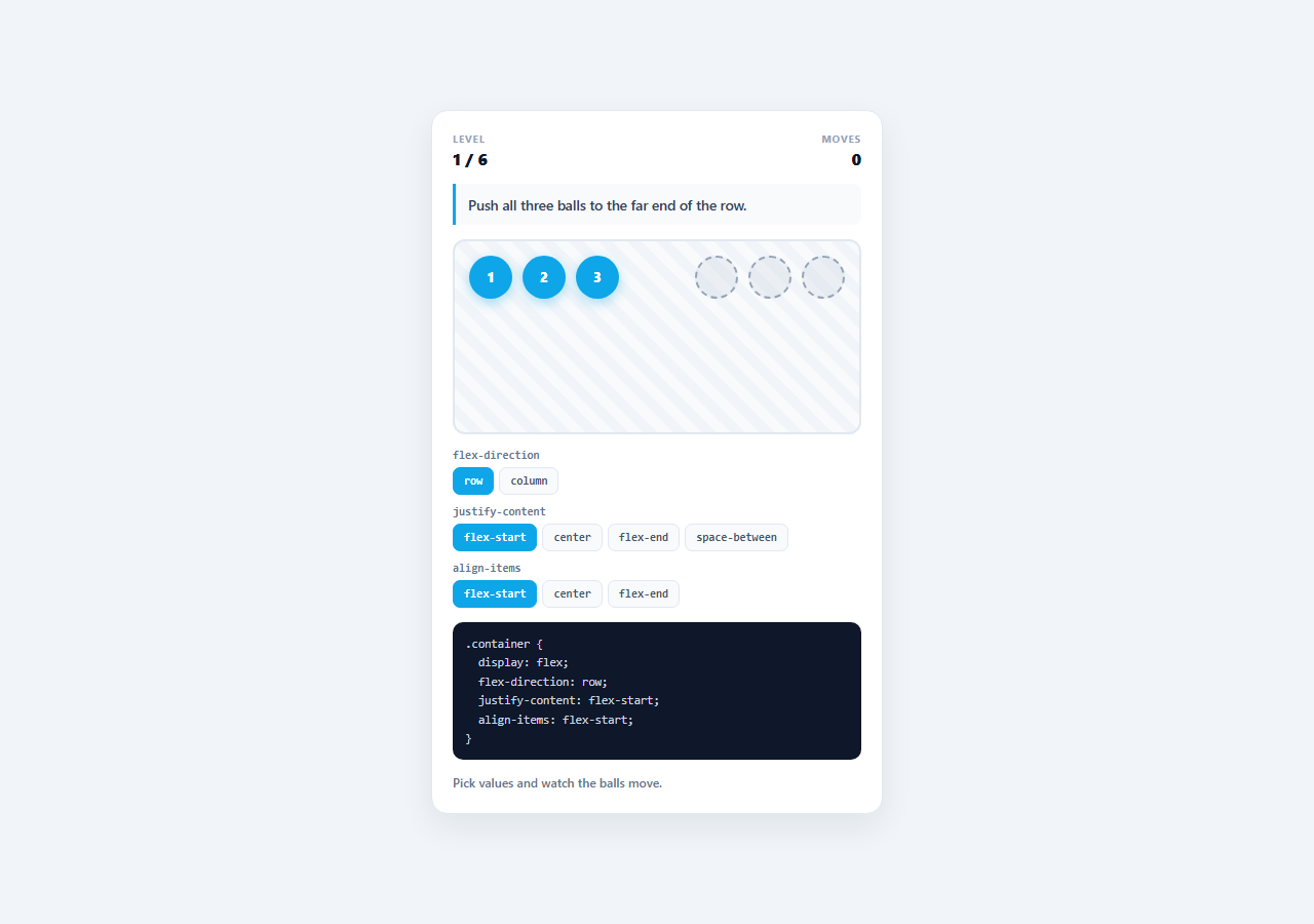 Screenshot of the Flexbox Alignment Game snippet rendered live