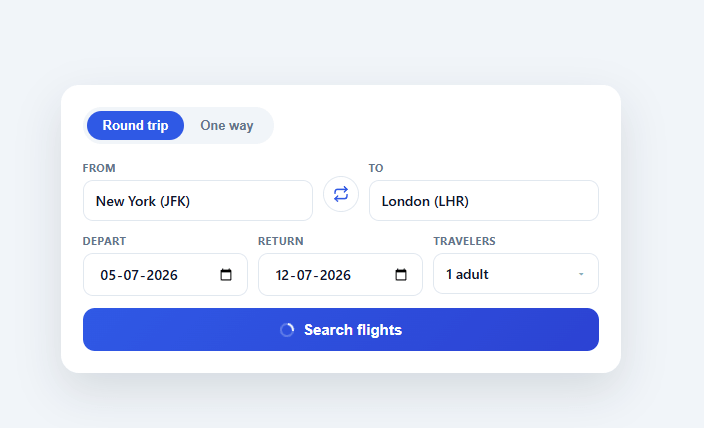 Screenshot of the Flight Search Form snippet rendered live
