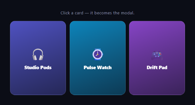 Screenshot of the Flip Card to Modal snippet rendered live