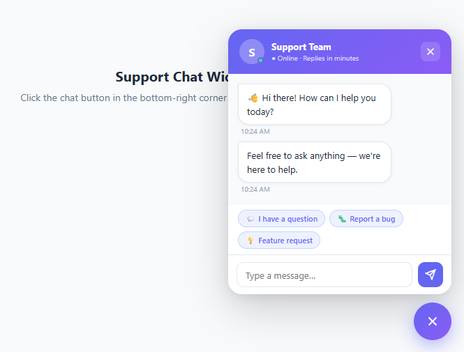 Screenshot of the Floating Chat Support Widget snippet rendered live
