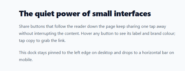 Screenshot of the Floating Share Dock snippet rendered live