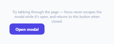 Screenshot of the Accessible Modal Primitive with Real Focus Trap snippet rendered live