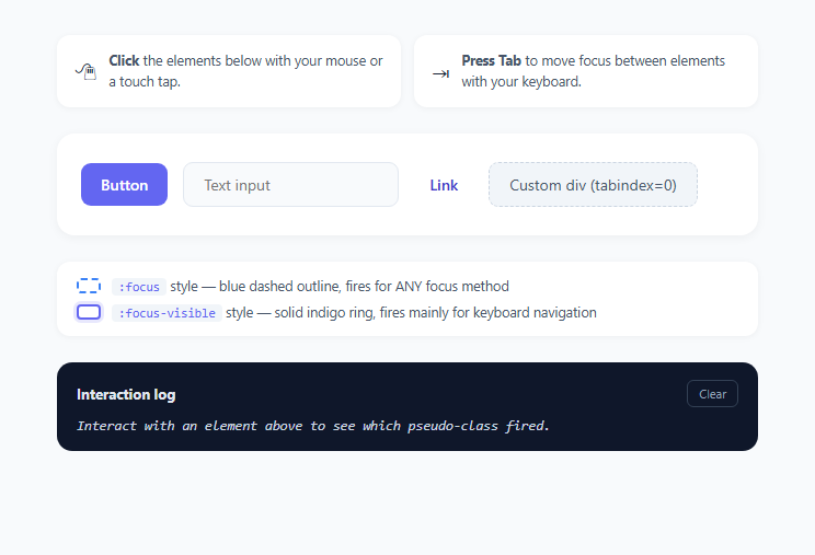Screenshot of the :focus-visible vs :focus Explainer snippet rendered live