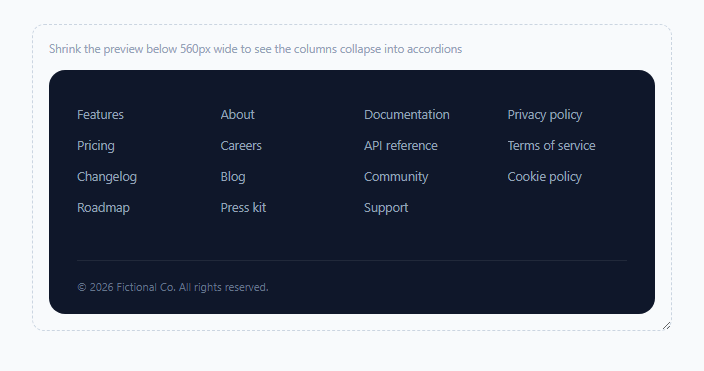 Screenshot of the Footer with Mobile Accordion Collapse snippet rendered live