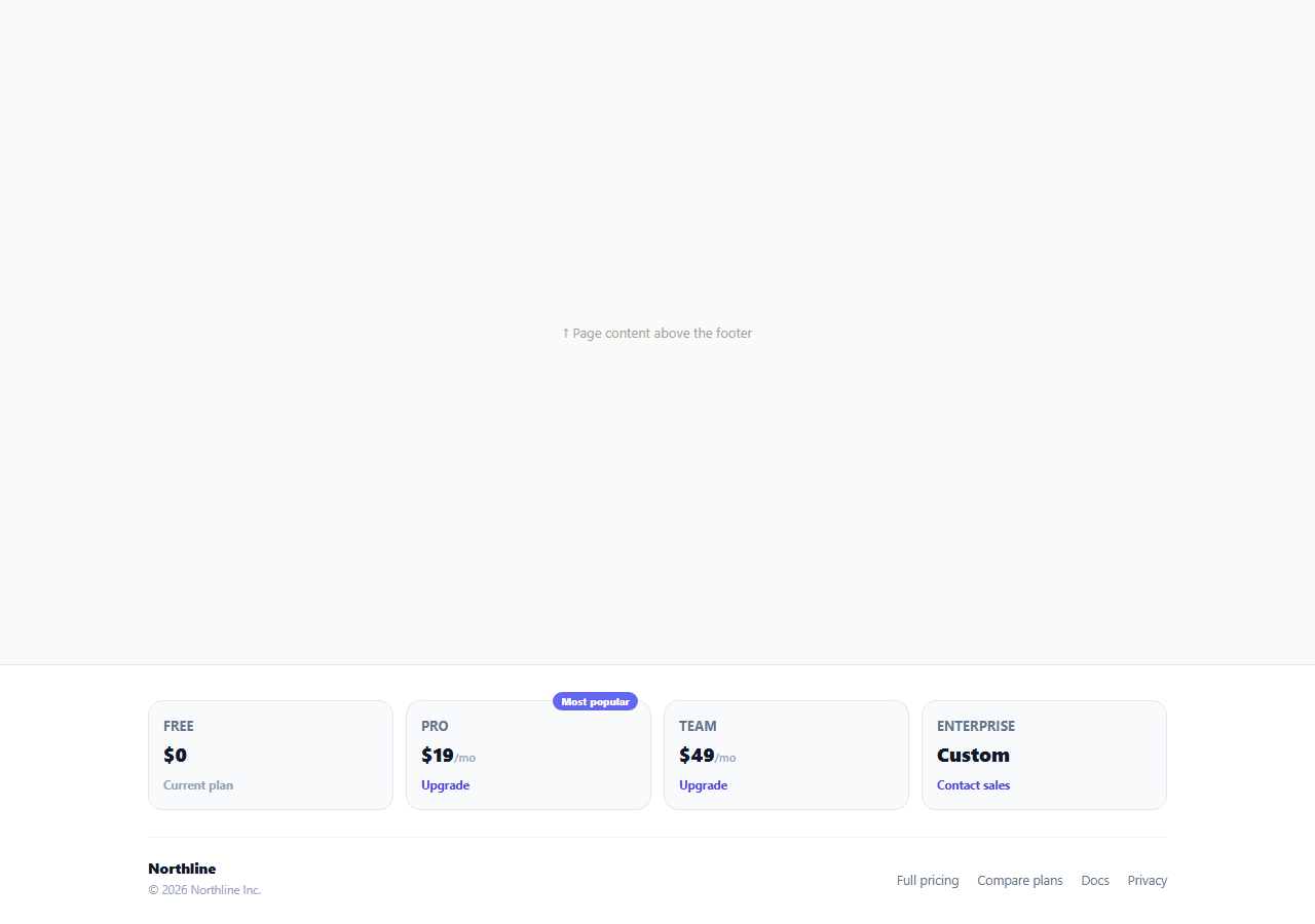Screenshot of the SaaS Plan & Pricing Quick Links Footer snippet rendered live