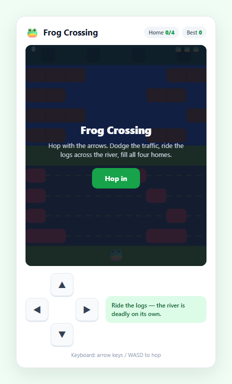 Screenshot of the Frog Crossing Game snippet rendered live