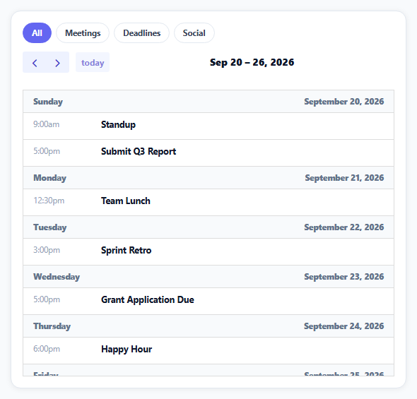 FullCalendar Agenda List with Filters